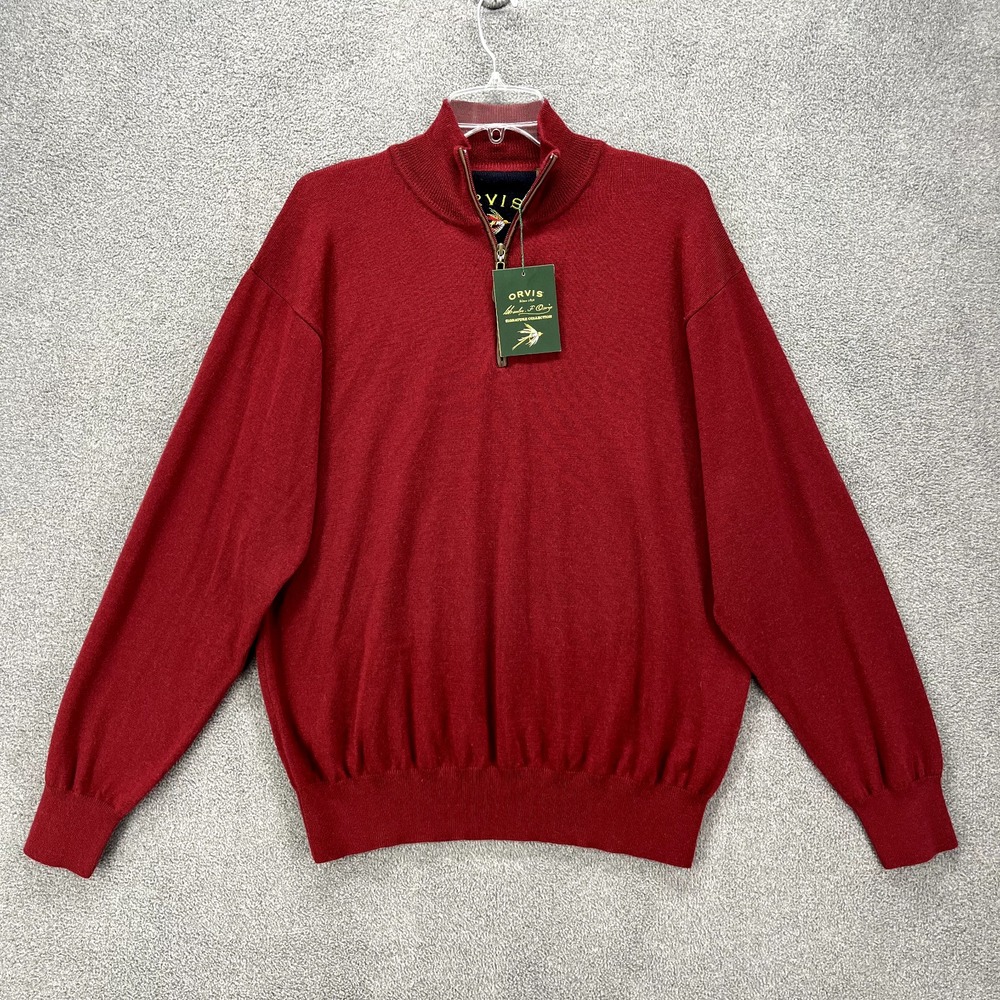 ORVIS Sweater Mens Large Burgundy Marion Knit wool high‎ neck 1/4 Zip Stretch